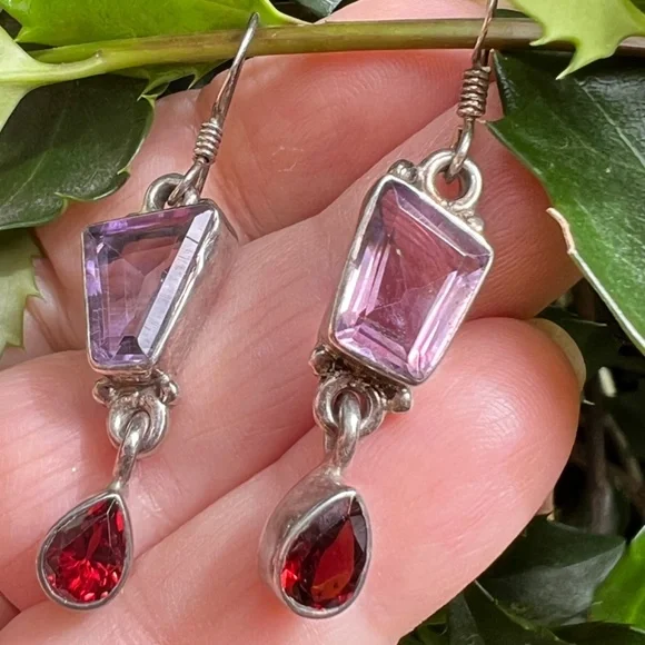 VINTAGE AMETHYST GARNET DROP DANGLE LONG EARRING925 STERLING SILVER UNIQUE CUT